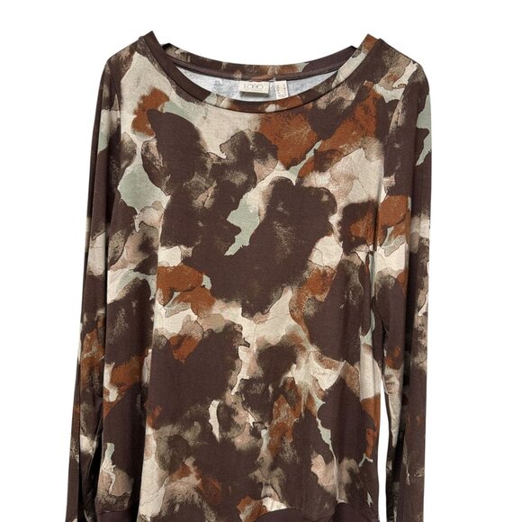 LOGO Lori Goldstein Tunic Top Brown Print Chiffon Ruffle Long Sleeve Tee NWOT - Picture 3 of 7